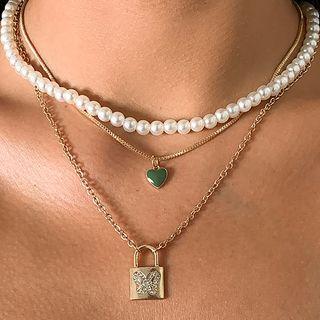 Set Of 3: Layered Faux Pearl Pendant Chain Bracelet Set Of 3 - 2695 - Gold - One Size