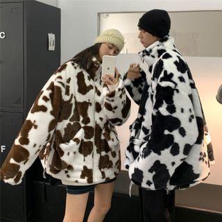 Couple Matching Cow Print Zipped Fleece Jacket