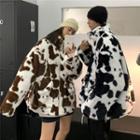 Couple Matching Cow Print Zipped Fleece Jacket