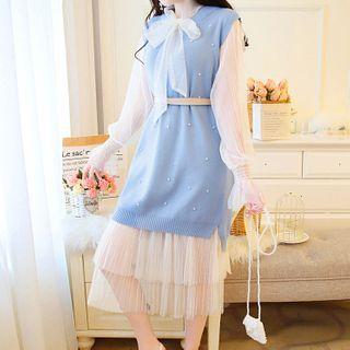 Set: Puff-sleeve Tie-neck A-line Dress + Faux Pearl Knit Sweater Vest