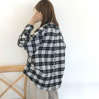 Check V-neck Loose-fit Blouse