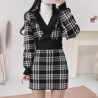 V-neck Houndstooth Cropped Sweater / Mini Knit Skirt