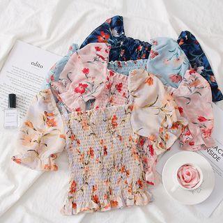 Square-neck Floral Chiffon Crop Top