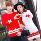 Couple Matching Two-tone Reindeer Sweater / Long-sleeve Mini Knit Bodycon Dress
