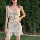 Spaghetti-strap Floral Lace-up Mini Sheath Dress