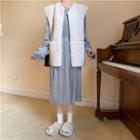 Furry Vest / Long-sleeve Midi Knit Dress