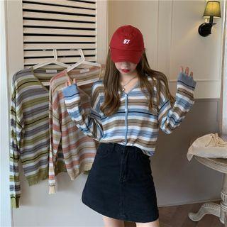 Crew-neck Color-block Button-up Striped  Knit Top