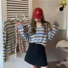 Crew-neck Color-block Button-up Striped  Knit Top