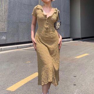 Short Sleeve Collared V-neck Midi Dress