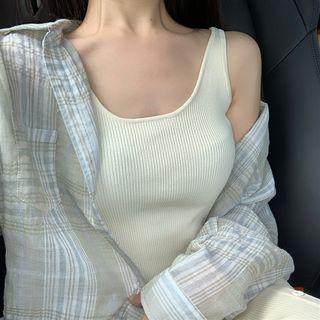 Plaid Shirt / Sleeveless Ribbed Knit Dress