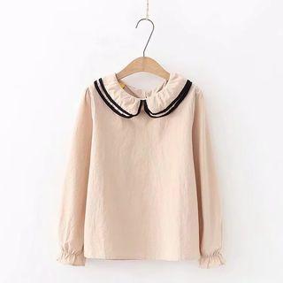 Long-sleeve Contrast-trim Peter Pan Collar Top Khaki - One Size