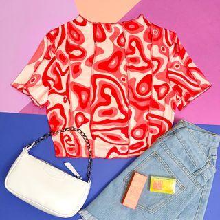 Short-sleeve Seam-trim Print Cropped Top