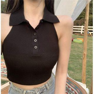Sleeveless Cropped Knit Polo Shirt