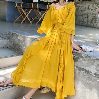 Ruffled 3/4-sleeve Asymmetric A-line Maxi Dress