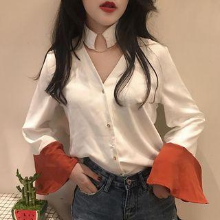 Color Panel V-neck Long Sleeve Shirt