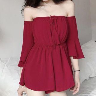 Plain Off-shoulder 3/4-sleeve Playsuit