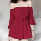 Plain Off-shoulder 3/4-sleeve Playsuit