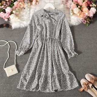 Long-sleeve Floral Print Tie-neck Midi A-line Dress