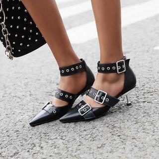 Faux Leather Belt Ankle Strap Kitten Heel Pumps