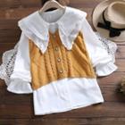 Set: Peter Pan Collar Long-sleeve Blouse + Cable Knit Vest