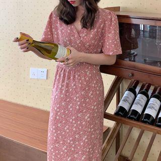 V-neck Floral Midi A-line Dress Pink - One Size