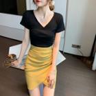 Set: Plain Short-sleeve Cropped T-shirt + Shirred Mini Pencil Skirt