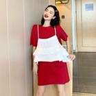 Plain Loose-fit Short-sleeve T-shirt / Ruffle Camisole Top