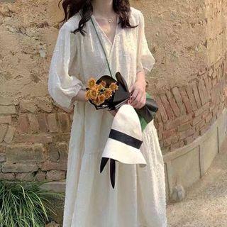 Bubble-elbow-sleeve Embroidered V-neck Chiffon Sundress