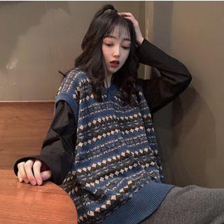 Plain Long-sleeve T-shirt / Patterned Knit Vest