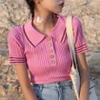 Short-sleeve Knit Polo Shirt / Check Fitted Skirt