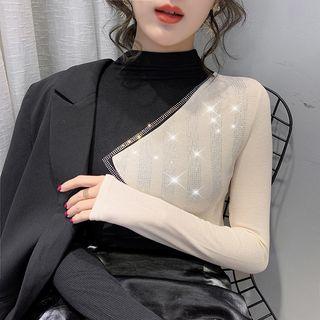 Rhinestone Long-sleeve Mock-turtleneck Top