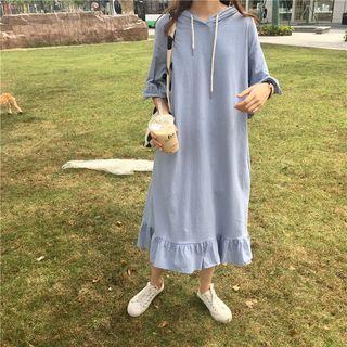 Elbow-sleeve Ruffle Trim A-line Midi Dress