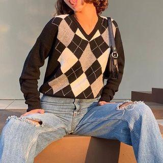 V Neck Plaid Sweater