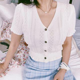 Short-sleeve Button-up Perforated Knit Top