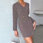 Long Sleeve V-neck Tweed Double-breasted Bodycon Dress