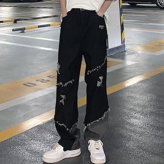 Distressed Color Block Wide Leg Jeans