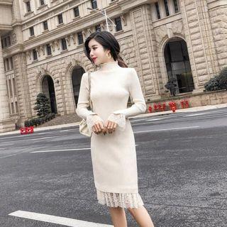Mock-neck Lace Hem Knit Dress