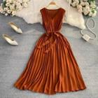 V-neck Pleated Plain A-line Dress With Sash