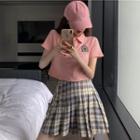 Plaid Mini A-line Skirt / Embroidered Short-sleeve Polo Shirt