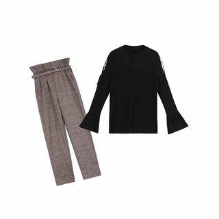 Set: Ruffle Trim Knit Pullover + Crop Harem Pants
