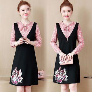 Mock Two-piece Long-sleeve Embroidered Mini A-line Dress