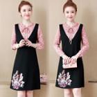 Mock Two-piece Long-sleeve Embroidered Mini A-line Dress