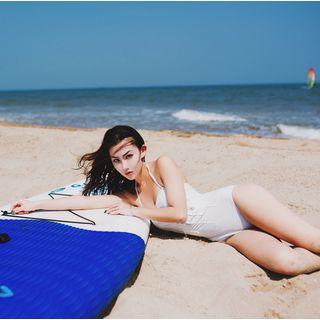 Buttoned Halter Swimsuit / Mesh Cover-up / Set