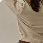 Round-neck Button-detail Wool Blend Knit Top Light Beige - One Size