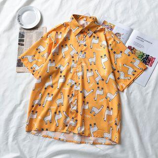 Set: Short-sleeve Printed Blouse + Mini Ripped Denim Skirt