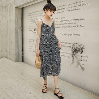 Spaghetti Strap Patterned A-line Midi Tiered Dress