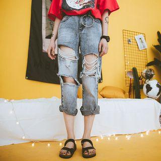 Ripped Washed Straight Cut Cropped Jeans
