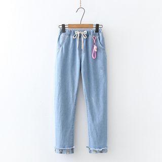 Cartoon Embroidered Cropped Straight Leg Jeans