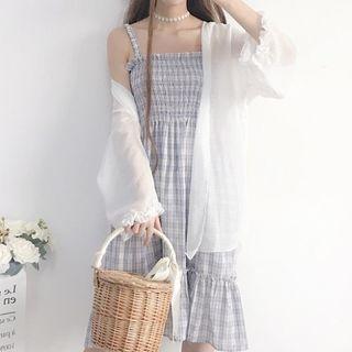 Spaghetti Strap Plaid A-line Dress / 3/4-sleeve Jacket