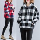 Long-sleeve Check Hooded Loose-fit Top